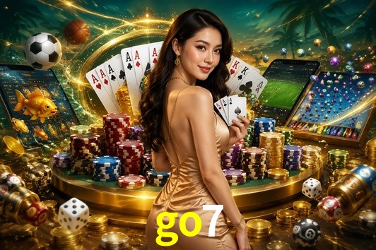 Una escena digital vívida inspirada en casino con go7 mostrado prominentemente, luces brillantes, fichas, cartas y acentos dorados.