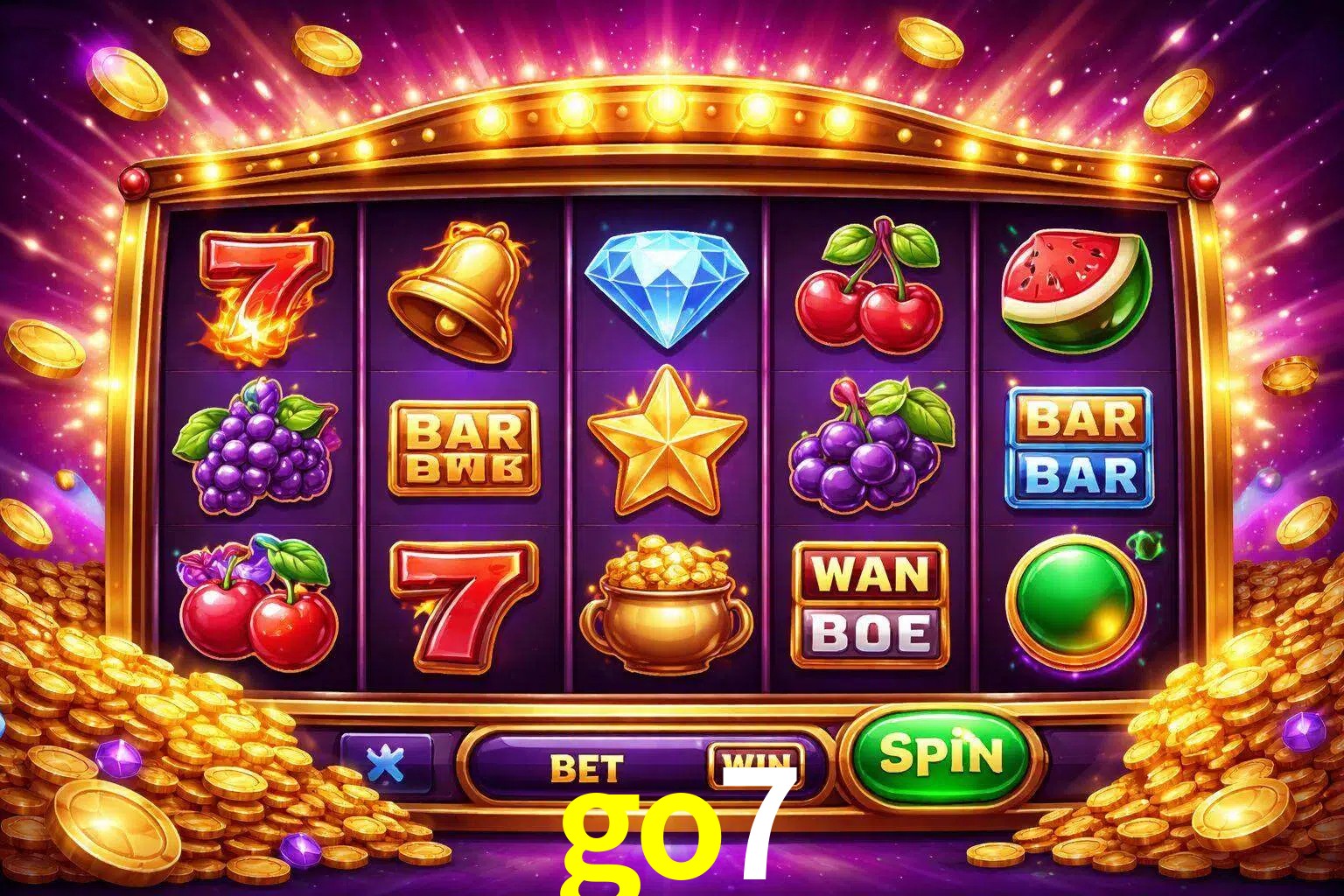 Una interfaz colorida de tragamonedas en línea con símbolos brillantes, monedas y un efecto de victoria celebratoria en go7.