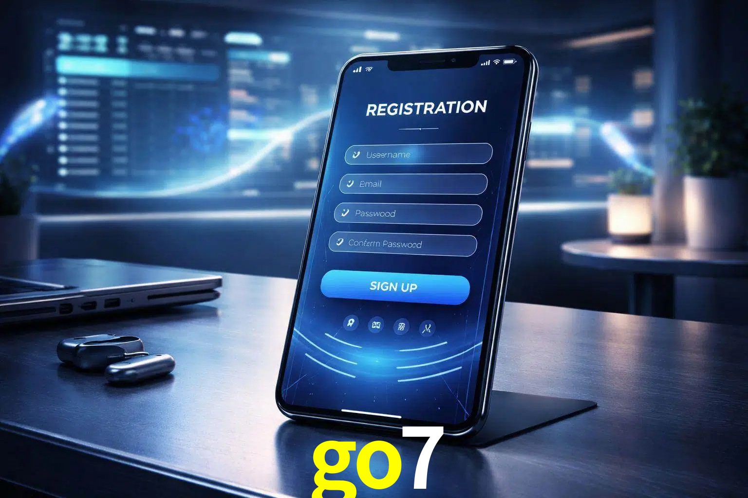 Una interfaz moderna de registro móvil para go7 mostrada en un smartphone con un panel de apuestas elegante.